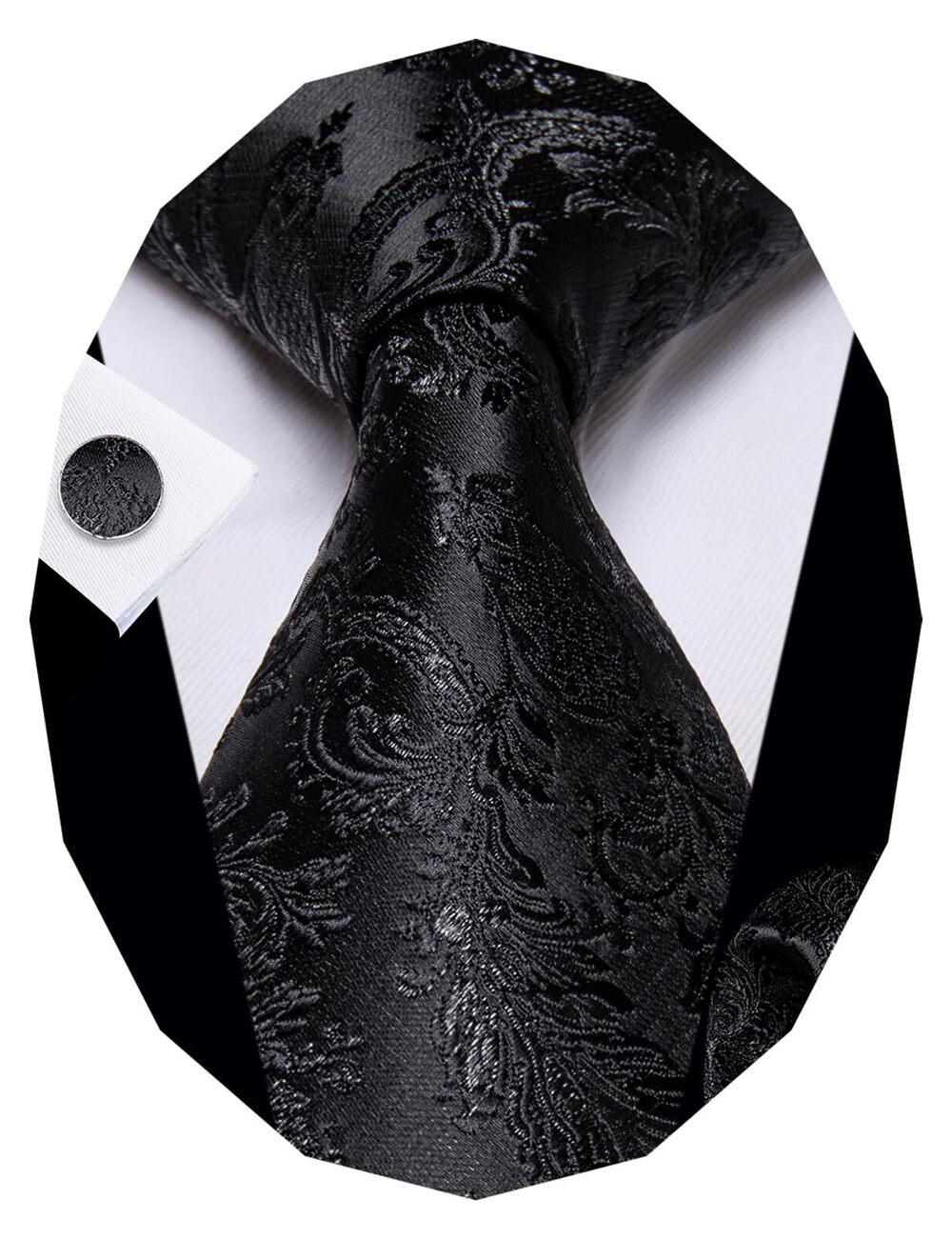 9741 Black Floral Tie and Pocket Square Cufflinks Set WOVEN Silk Ties